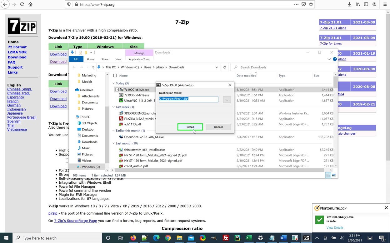Starting the installation exe for 7-Zip