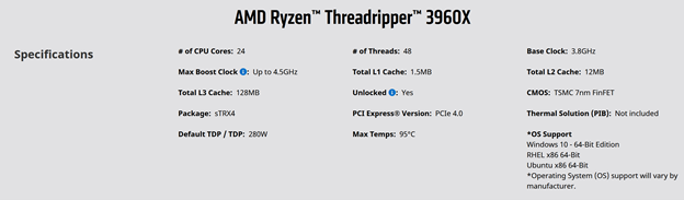 Specifications of AMD Ryzen Threadripper 3960x in Artificial Intelligence PC by aimfgs